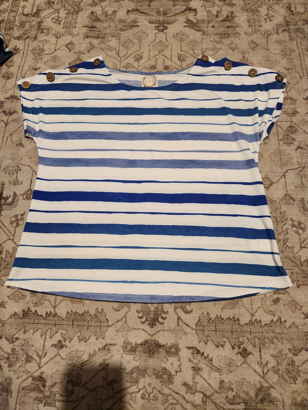 Blue and White Striped Button-Shoulder Women’s Top